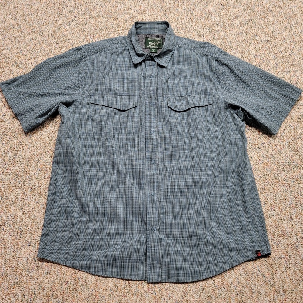 Woolrich Shirt Mens Large Blue Plaid Button Up Short Sleeve Outdoors Vented